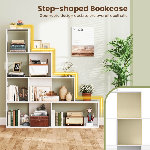 Costway 1/2 PCS 4-Tier Bookshelf with 6 Storage Cubes 64" Tall Modern Geometric Stair Bookcase