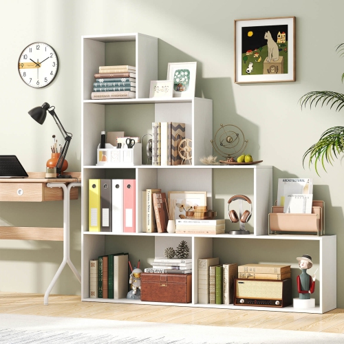 Costway 1/2 PCS 4-Tier Bookshelf with 6 Storage Cubes 64" Tall Modern Geometric Stair Bookcase