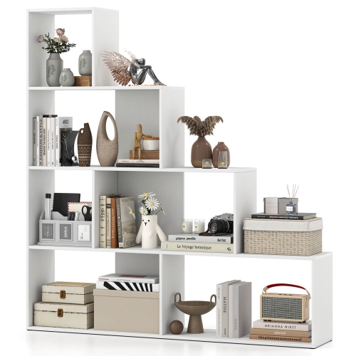 Costway 1/2 PCS 4-Tier Bookshelf with 6 Storage Cubes 64" Tall Modern Geometric Stair Bookcase