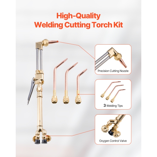 VEVOR 14PCS Oxygen Acetylene Gas Welding Cutting Torch Kit,Oxy Acetylene Brazing Set with 177'' Long Twin-Hose, Cutting Nozzle, 3 Welding Tips &