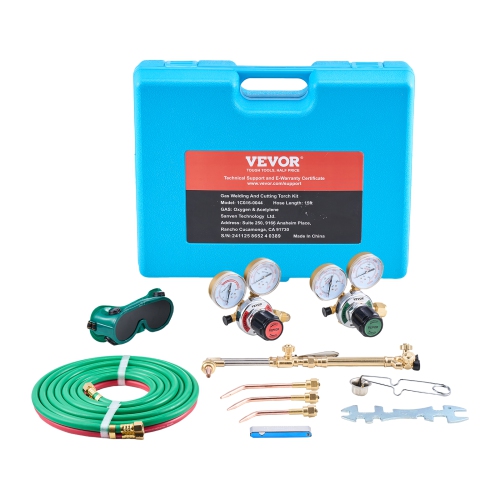 VEVOR 14PCS Oxygen Acetylene Gas Welding Cutting Torch Kit,Oxy Acetylene Brazing Set with 177'' Long Twin-Hose, Cutting Nozzle, 3 Welding Tips &