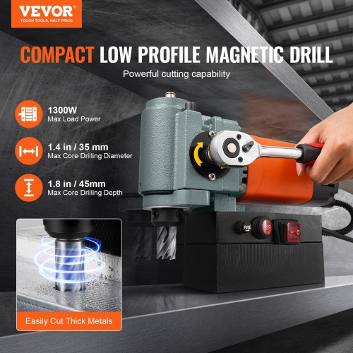 VEVOR 1300W Low Profile Mag Drill, Light Weight Portable Mag Drilling Machine with Cooling Device and Overload Protection, Mag Press for Equipment