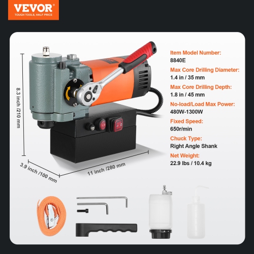 VEVOR 1300W Low Profile Mag Drill, Light Weight Portable Mag Drilling Machine with Cooling Device and Overload Protection, Mag Press for Equipment