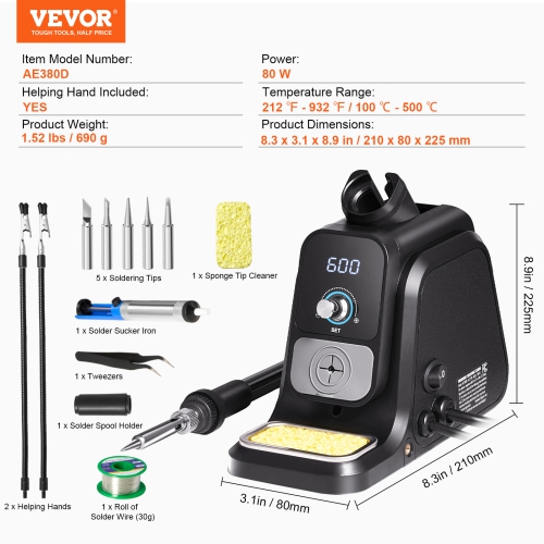 VEVOR 80W Digital Display Soldering Station Kit with 2 Helping Hands, 5 Soldering Tips, 30g Solder Wire, Solder Sucker, Tweezer, Auto Standby & Sleep