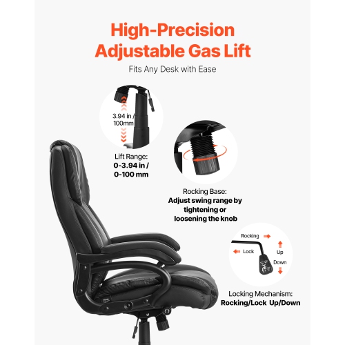 VEVOR 500lb Capacity Executive Office Chair with Knob-Control Lumbar Support, Office Chair, Heavy Duty Ergonomic Chair, Height Adjustable PU Leather