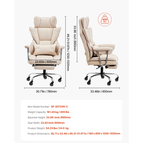 VEVOR 400lb Capacity Executive Office Chair with Footrest, Office Chair with Lumbar Pillow & Removable Armrests, Heavy Duty Ergonomic Chair, PU