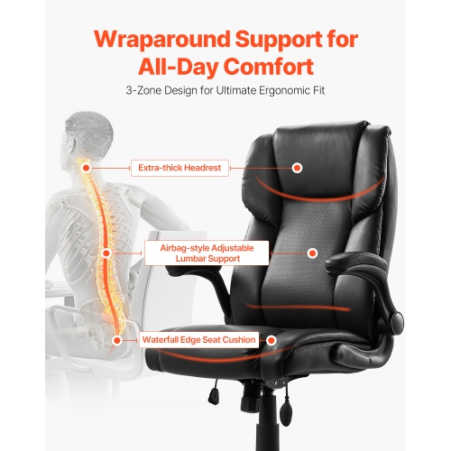 VEVOR 300lb Capacity Executive Office Chair with Lumbar Support, Office Chair with Flip-up Armrests & Lumbar Pillow, Height Adjustable Ergonomic