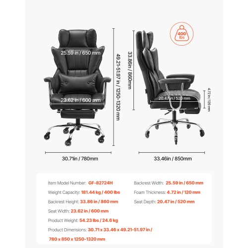 VEVOR 400lb Capacity Executive Office Chair with Footrest, Office Chair with Lumbar Pillow & Removable Armrests, Heavy Duty Ergonomic Chair, PU