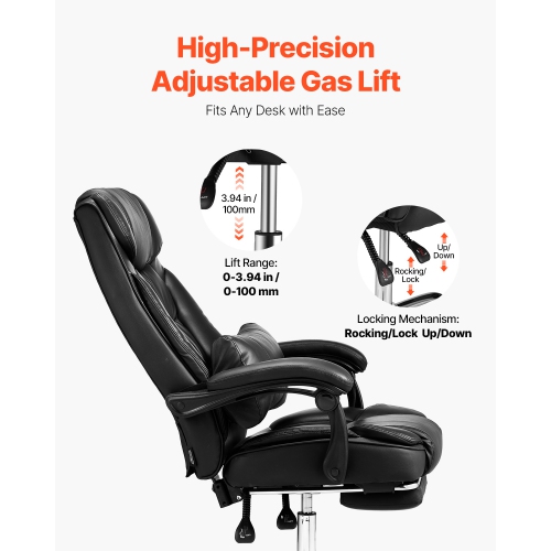 VEVOR 300lb Capacity Executive Office Chair with Footrest, Office Chair with Lumbar Pillow, Height Adjustable Ergonomic Chair, PU Leather Reclining