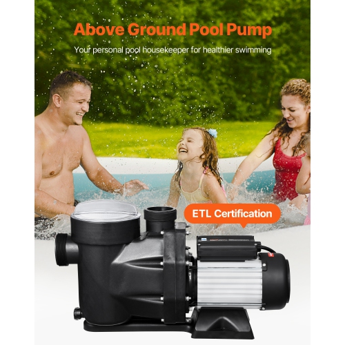 VEVOR 1.5 HP Above Ground Pool Pump, 122 GPM Max Flow Single Speed Swimming Pool Pump, 220V 3450 RPM 55 ft Max Head Lift with PP Shell Strainer