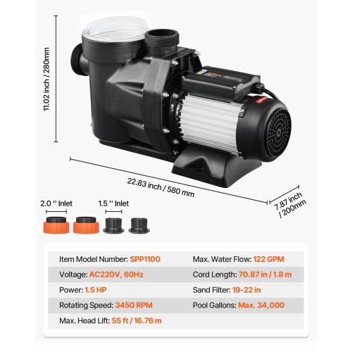 VEVOR 1.5 HP Above Ground Pool Pump, 122 GPM Max Flow Single Speed Swimming Pool Pump, 220V 3450 RPM 55 ft Max Head Lift with PP Shell Strainer