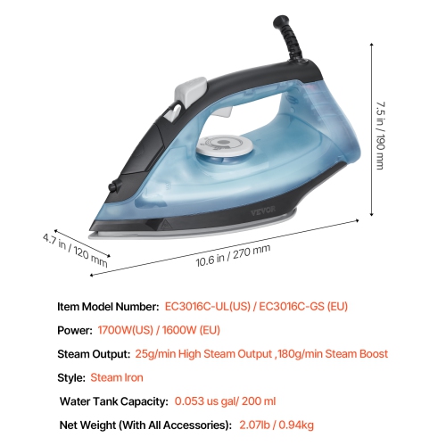 VEVOR 1700W Steam Iron for Clothes, Aluminum Alloy + PTFE Soleplate, Auto Shut-Off, Self-Cleaning, Four Temperature Settings, Quick Heating,