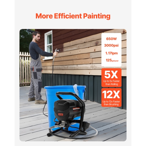 VEVOR 650W High Efficiency Stand Airless Sprayer, 3000PSI Electric Paint Sprayer Machine Extension Rod and Cleaning Kits for Interior and Exterior