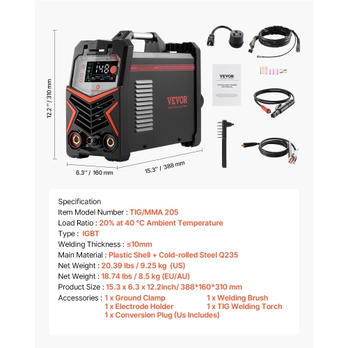 VEVOR 205A TIG Welder, 3-In-1 Welding Machine- DC TIG/DC Pulse TIG/MMA(Stick), 110&220V Dual Voltage Electric Welder with IGBT Inverter