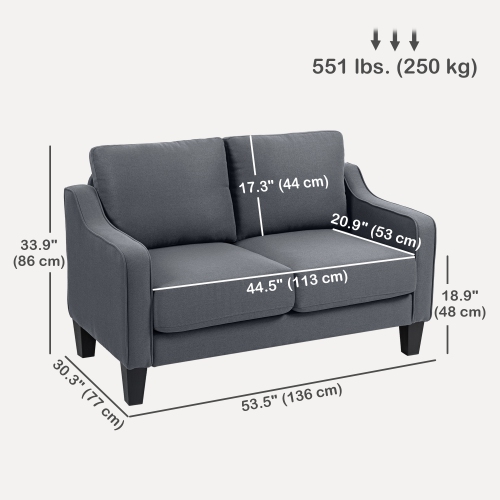 HOMCOM Loveseat Sofa, Modern Couch with Pocket Spring, Linen Upholstered Sofa with Thick Padded for Living Room, Home Office, Charcoal Grey