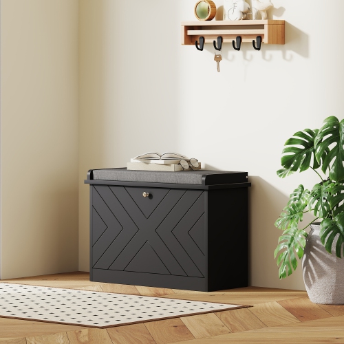 HOMCOM Shoe Bench, Entryway Bench with Flip Drawer, Seating Cushion and Adjustable Shelf for 3-6 Pairs of Shoes for Hallway, Living Room, Black