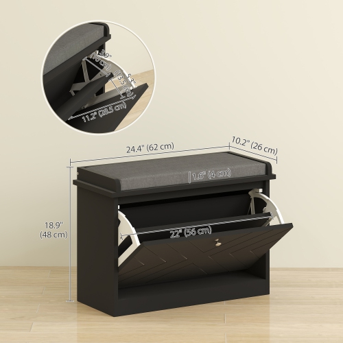 HOMCOM Shoe Bench, Entryway Bench with Flip Drawer, Seating Cushion and Adjustable Shelf for 3-6 Pairs of Shoes for Hallway, Living Room, Black