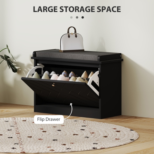 HOMCOM Shoe Bench, Entryway Bench with Flip Drawer, Seating Cushion and Adjustable Shelf for 3-6 Pairs of Shoes for Hallway, Living Room, Black