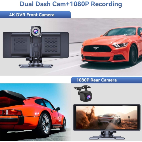 10.26" Wireless Carplay Touchscreen with 4K Front Dashcam,Protable Carplay Screen Digital Media Receivers - Bluetooth,GPS Navigation,G-Sensor