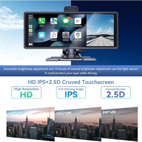 10.26" Wireless Carplay Touchscreen with 4K Front Dashcam,Protable Carplay Screen Digital Media Receivers - Bluetooth,GPS Navigation,G-Sensor