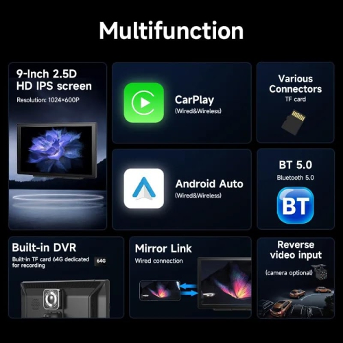 9" Portable Apple Carplay & Android Auto Car Stereo, with 1080p Backup Camera, GPS Navigation/Mirror Link/Bluetooth