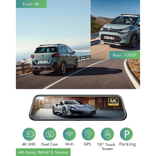 4K Rear View Mirror Camera, 9.66'' 4K Mirror Dash Cam with 1080P Backup Camera, Dash Cam Front and Rear for Car, 24H Parking Mode, Night Vision