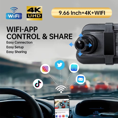 4K Rear View Mirror Camera, 9.66'' 4K Mirror Dash Cam with 1080P Backup Camera, Dash Cam Front and Rear for Car, 24H Parking Mode, Night Vision