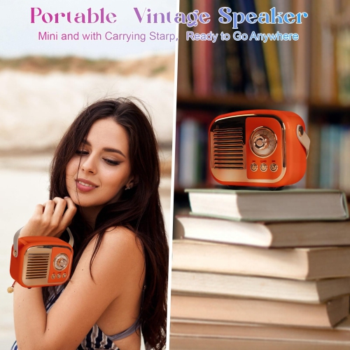 Retro Bluetooth Speaker, Portable Mini Radio for Bedroom, Office - Orange