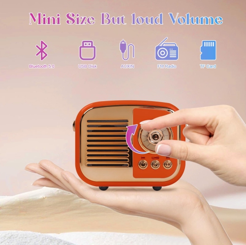 Retro Bluetooth Speaker, Portable Mini Radio for Bedroom, Office - Orange