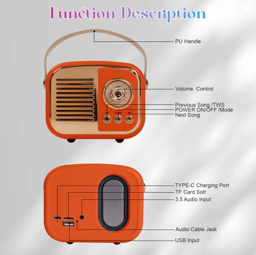 Retro Bluetooth Speaker, Portable Mini Radio for Bedroom, Office - Orange