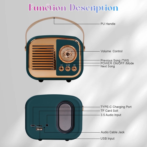 Retro Bluetooth Speaker, Portable Mini Radio for Bedroom, Office - Dark Green