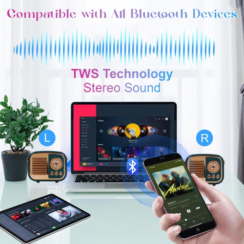 Retro Bluetooth Speaker, Portable Mini Radio for Bedroom, Office - Dark Green