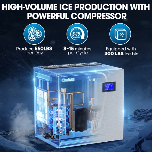 Coolski Commercial Ice Machine 550LBS/Day, 22 Inch Wide Industrial Ice Machine with Large Storage Bin, Ice Ready in 5-15 min, Ice Maker for