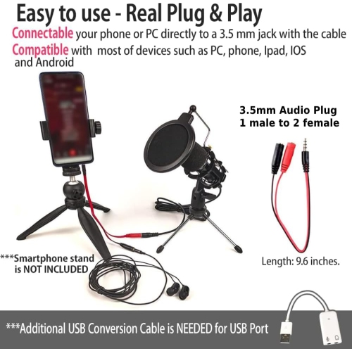 Microphone de jeu USB pour PC haute sensibilité mini condensateur prise 3,5 mm pour iPhone iPad Android Broadcast Music Recording Kit for