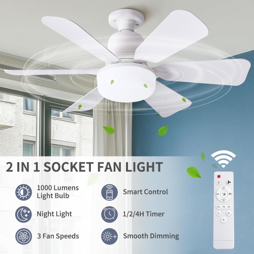 E27 Ventilateur de base avec télécommande, ventilateur de plafond à DEL silencieux avec 6 pales, ventilateur de plafond à intensité réglable LED à 3