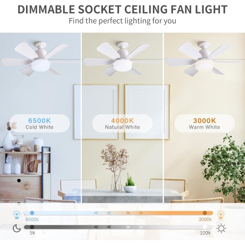 E27 Ventilateur de base avec télécommande, ventilateur de plafond à DEL silencieux avec 6 pales, ventilateur de plafond à intensité réglable LED à 3