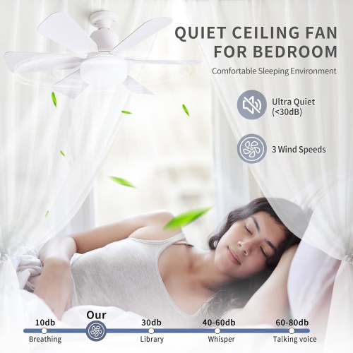 E27 Ventilateur de base avec télécommande, ventilateur de plafond à DEL silencieux avec 6 pales, ventilateur de plafond à intensité réglable LED à 3