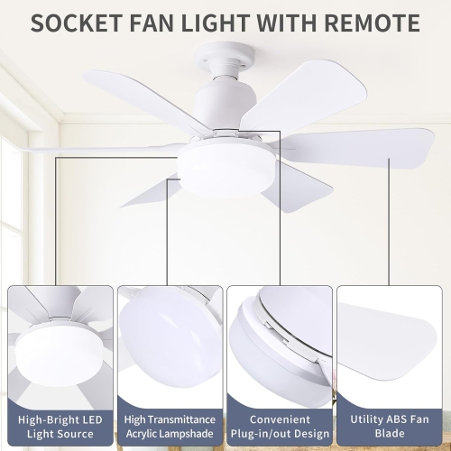 E27 Ventilateur de base avec télécommande, ventilateur de plafond à DEL silencieux avec 6 pales, ventilateur de plafond à intensité réglable LED à 3