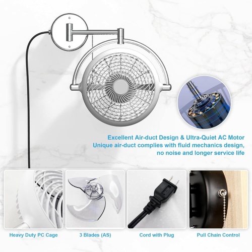 Parrot Uncle Wall Mount Fans Pull in Ceiling Fan with Folding Arm Crod with Plug, 10 Inch, White