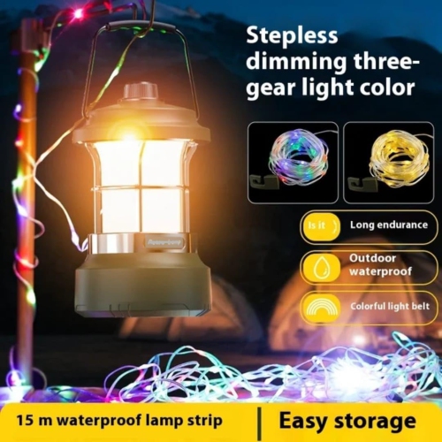 Rechargeable LED Camping Lantern with 15m RGB Light String - 4000mAh Battery, Dual Lighting Modes, Portable Waterproof Green LED Lantern for Outdoor