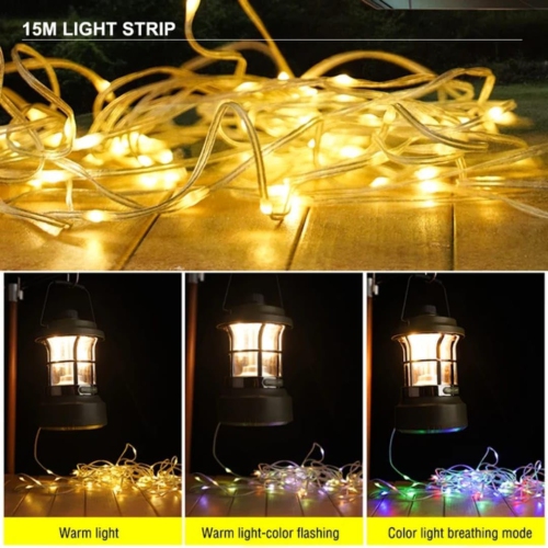 Rechargeable LED Camping Lantern with 15m RGB Light String - 4000mAh Battery, Dual Lighting Modes, Portable Waterproof Green LED Lantern for Outdoor