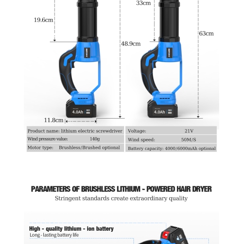 Lithium-powered blower with brushless motor, high air pressure, 4.0Ah long battery life for dust, snow, and leaf removal