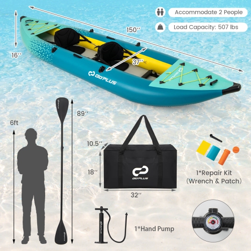 Ensemble de kayak gonflable portatif pour 2&nbsp;personnes de Goplus avec siège rembourré en EVA pour rames en aluminium