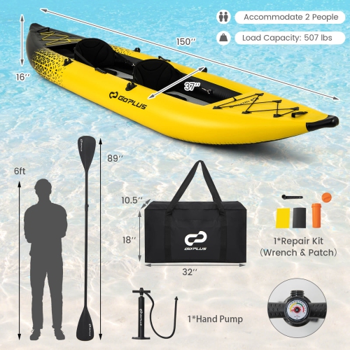 Ensemble de kayak gonflable portatif pour 2&nbsp;personnes de Goplus avec siège rembourré en EVA pour rames en aluminium