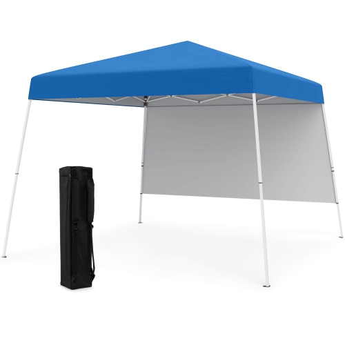 Tente escamotable de 10 x 10 pi avec 1 flancs, sac à dos portatif, 4 piquets à pattes inclinées Bleu/Blanc/Pinl/Gris de Costway