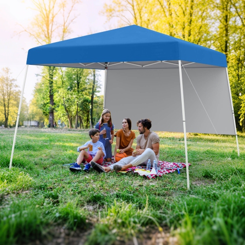 Costway 10 X 10FT Pop up Canopy Tent with 1 Sidewall, Portable Backpack, 4 Stakes Slant Leg Blue/White/Pinl/Gray