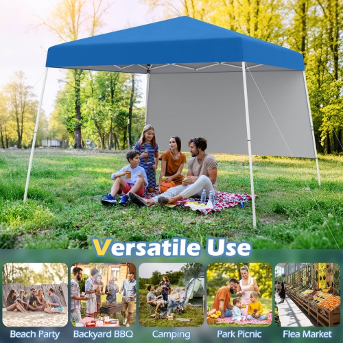 Costway 10 X 10FT Pop up Canopy Tent with 1 Sidewall, Portable Backpack, 4 Stakes Slant Leg Blue/White/Pinl/Gray