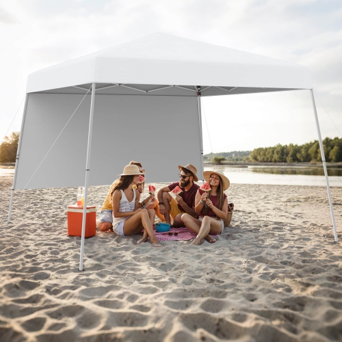 Costway 10 X 10FT Pop up Canopy Tent with 1 Sidewall, Portable Backpack, 4 Stakes Slant Leg Blue/White/Pinl/Gray