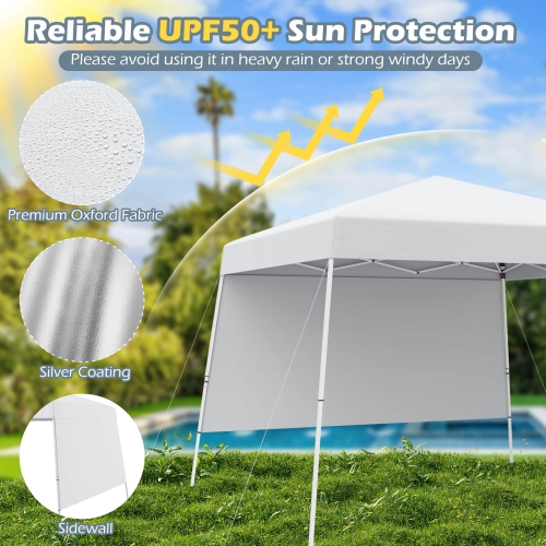 Costway 10 X 10FT Pop up Canopy Tent with 1 Sidewall, Portable Backpack, 4 Stakes Slant Leg Blue/White/Pinl/Gray