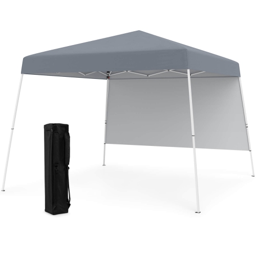 Tente escamotable de 10 x 10 pi avec 1 flancs, sac à dos portatif, 4 piquets à pattes inclinées Bleu/Blanc/Pinl/Gris de Costway